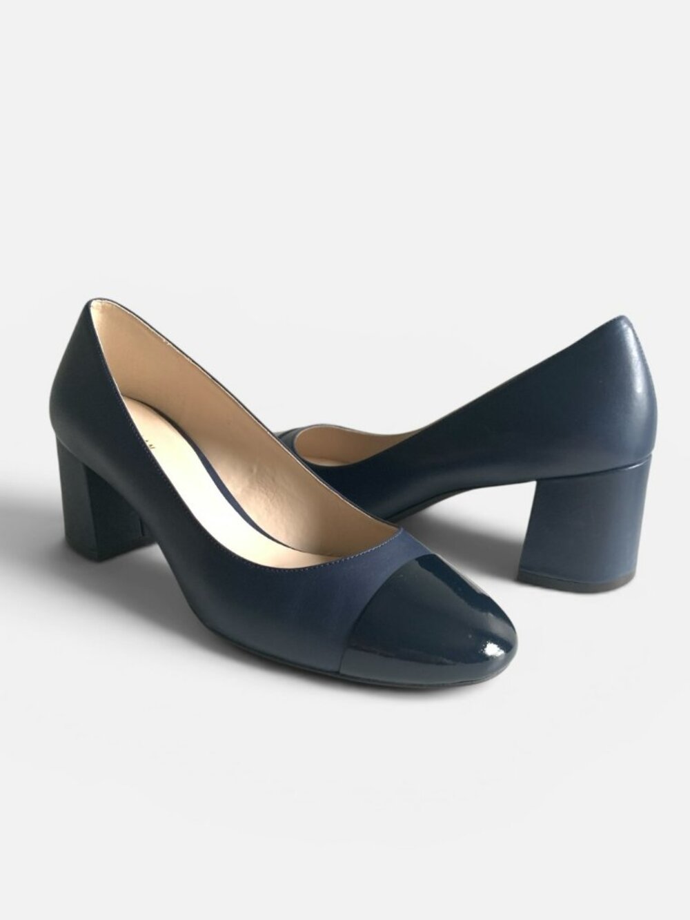 Cole Haan Dawna Grand Navy Leather Cap Toe Block Heel Pumps 8.5B